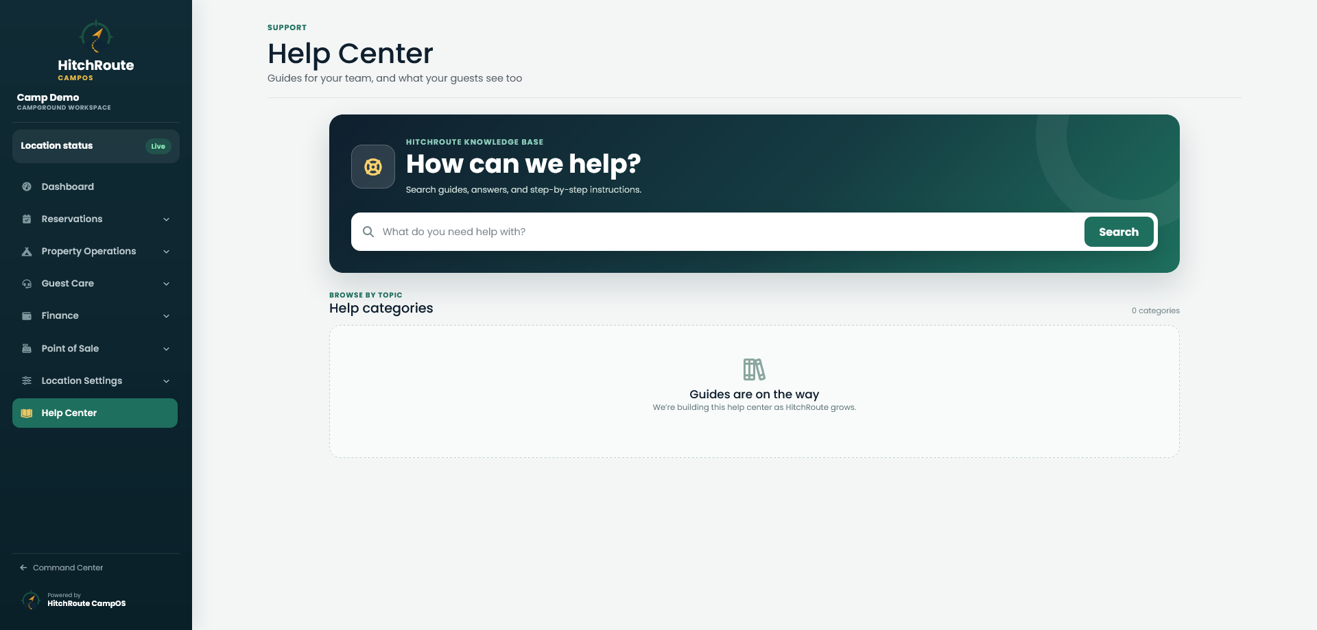 CampOS searchable knowledge base for campground teams