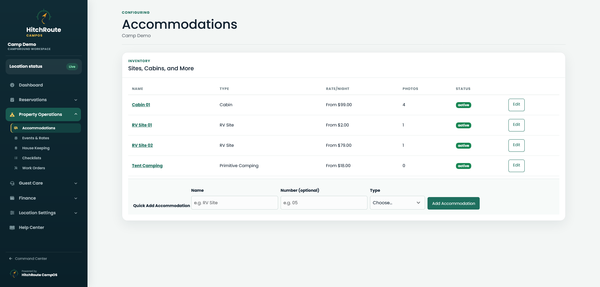 CampOS campground accommodation management list