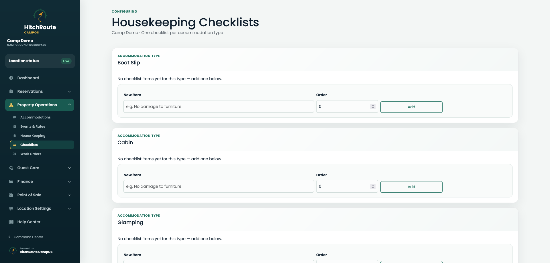 CampOS campground operational checklist management