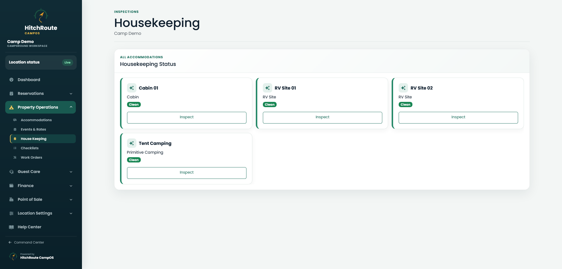 CampOS campground housekeeping and accommodation readiness dashboard