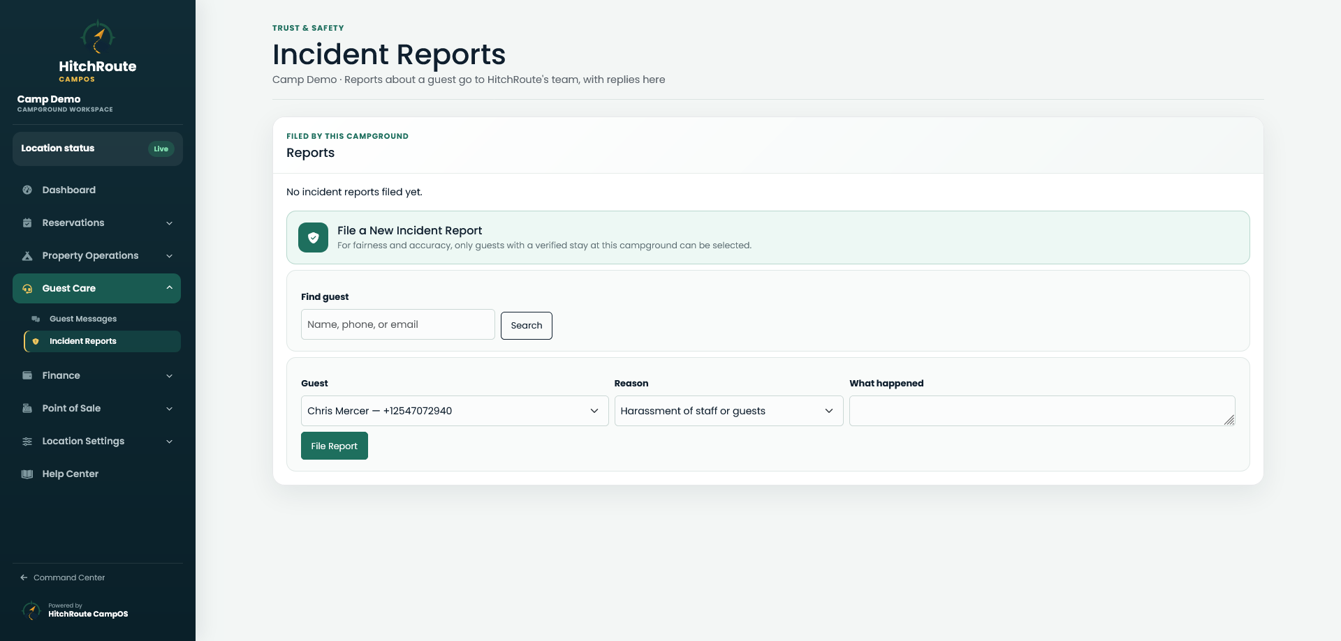 CampOS campground incident reporting screen linked to guests and reservations