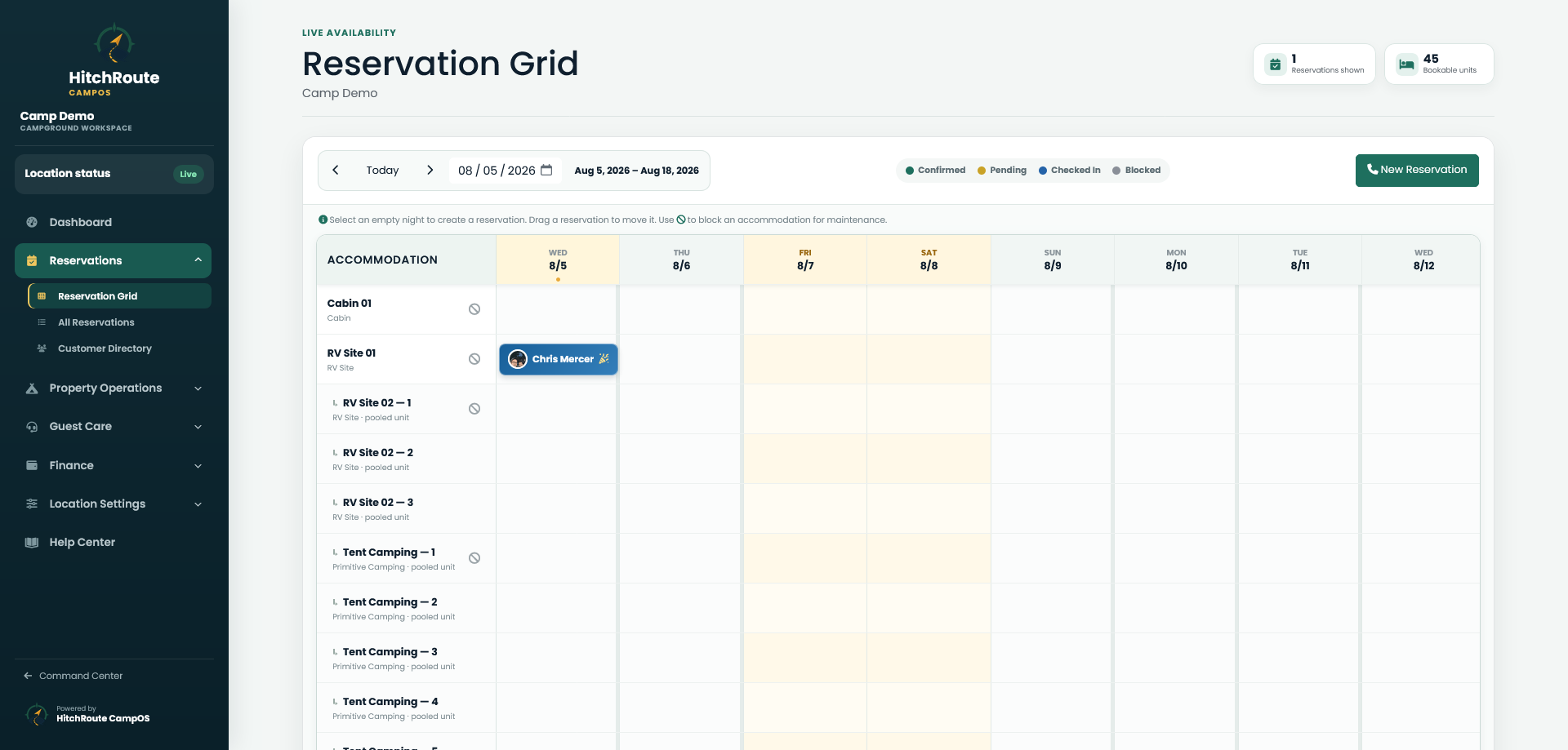 CampOS interactive campground reservation grid with dated accommodations and bookings