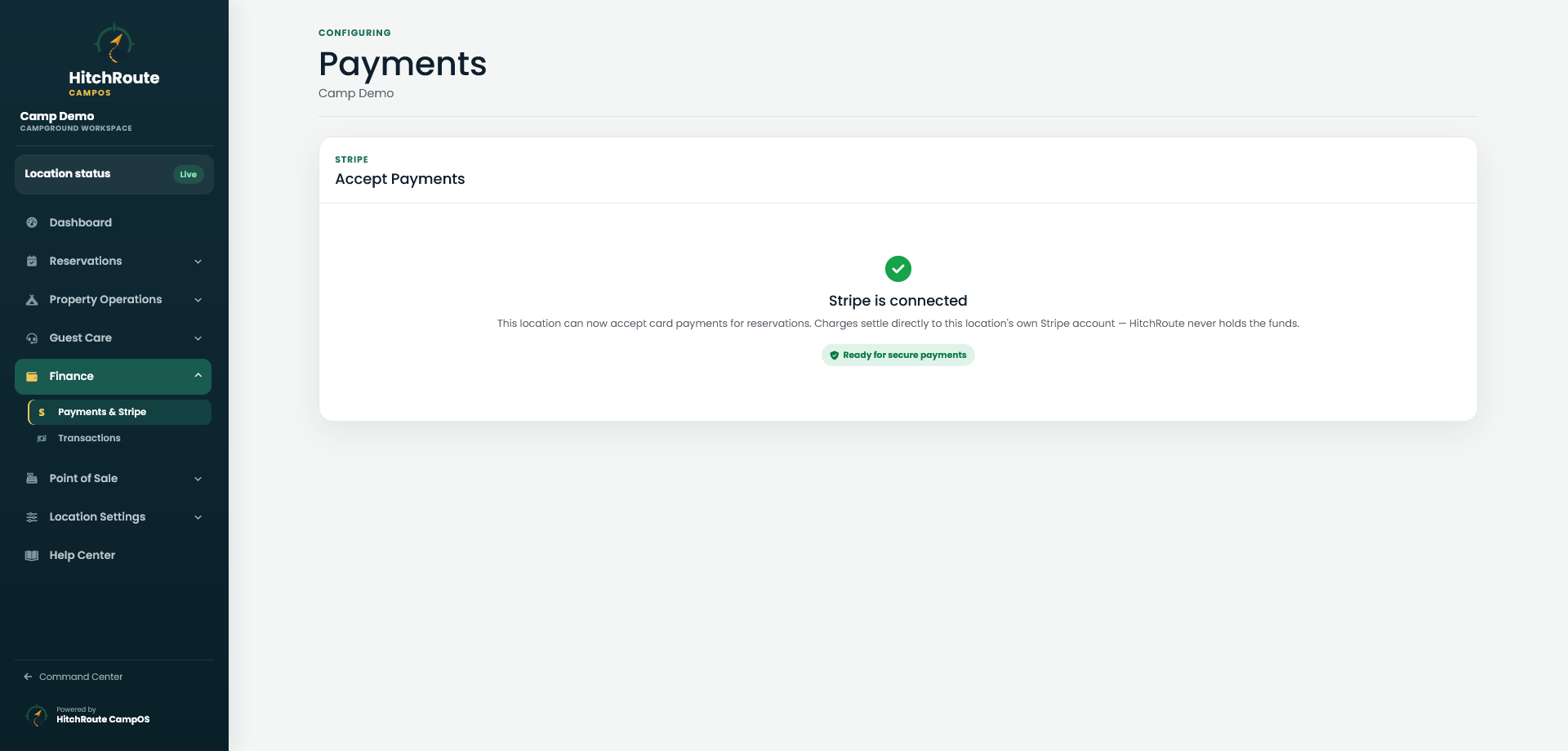 CampOS Stripe Connect payment account setup for a campground