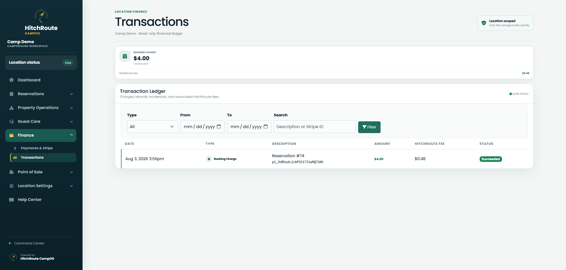 CampOS campground transaction ledger showing charges refunds and HitchRoute fees